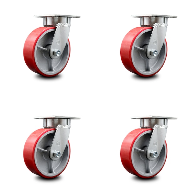 6 Inch Kingpinless Red Poly on Steel Wheel Swivel Top Plate Caster, 4PK